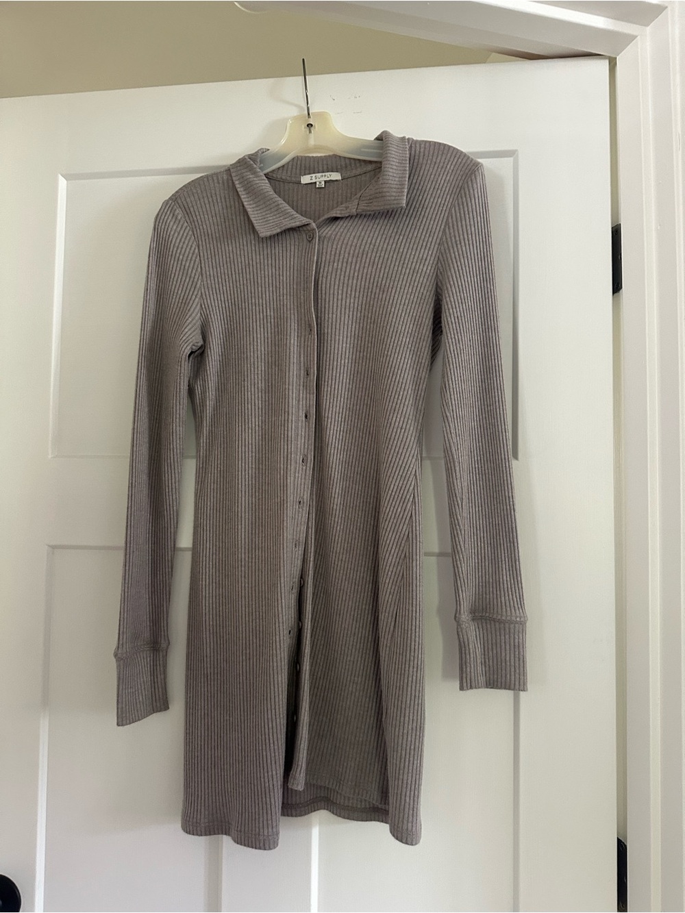 Z Supply Ribbed Button-Front Long Sleeve Dress - Taupe
